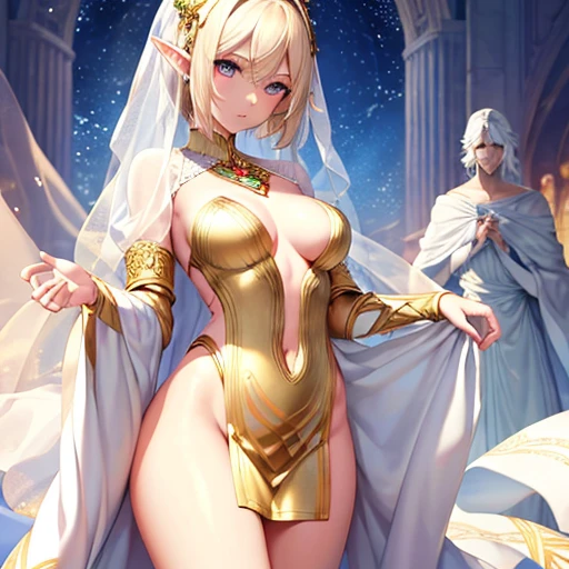 The elf is very beautiful, her body is slim and toned, His skin and hair are white with gold tones., His eyes are golden with a beautiful shine., his countenance is very attractive, her hair short but well combed, Her legs are slim and toned and her hands look very delicate both physically and mentally..