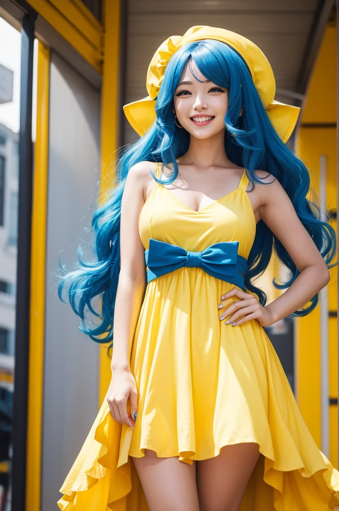 All yellow character big blue hair smiling yellow dress
