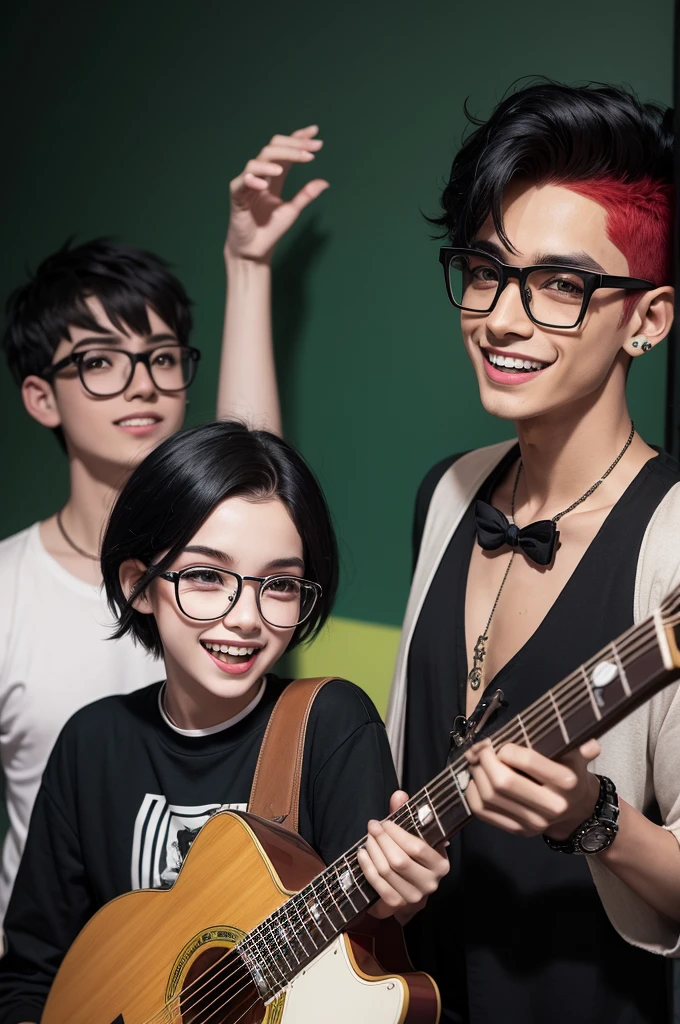 A boy with casual and sportive style, with a confident expression
A girl with red hair and black clothes, and glasses
A girl with black hair and fancy clothes, and a big smile in her face
A boy with tan skin and green hair, with punk black clothes and holding a guitar
A boy with white hair and extravagant clothes