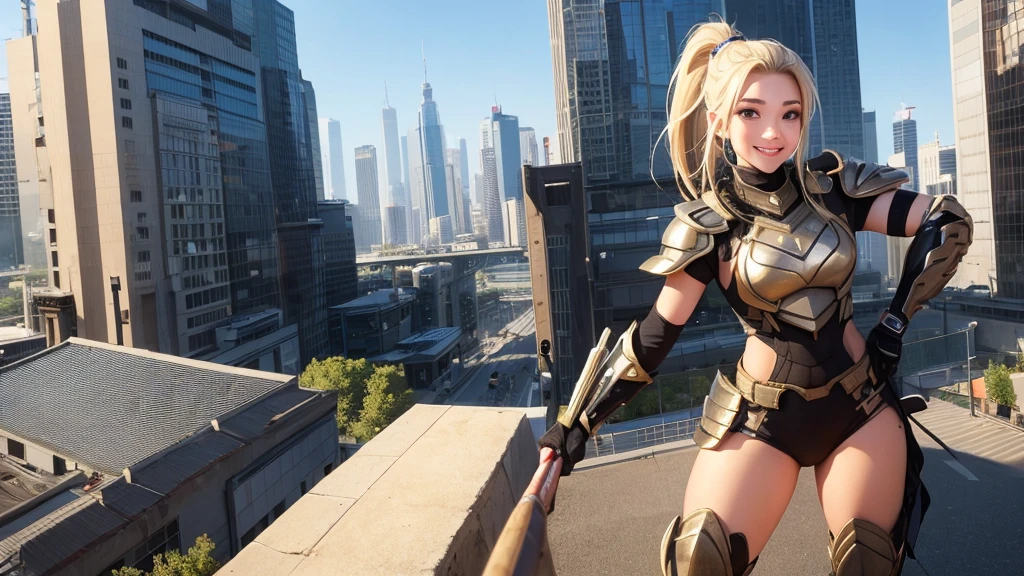 A beautiful female warrior happily plays baseball in a futuristic city。Sexy smile、Blonde ponytail、armor