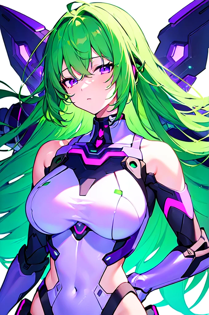 [(WHITE BACKGROUND:1.5),::5], ((((masterpiece)))), high quality, ultra very high resolution, full color, (((solo))), ((Mecha musume)), Mecha girl, ((Green hair)), (Purple eyes), anime, upper body, neon light, cyborg body, (Purple neon effect:1.2)