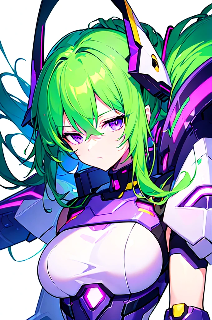 [(WHITE BACKGROUND:1.5),::5], ((((masterpiece)))), high quality, ultra very high resolution, full color, (((solo))), ((Mecha musume)), Mecha girl, ((Green hair)), (Purple eyes), anime, upper body, neon light, cyborg body, (Purple neon effect:1.2)