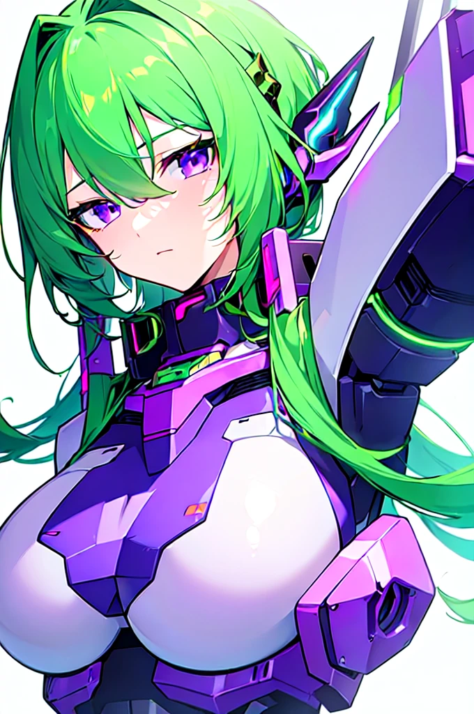 [(WHITE BACKGROUND:1.5),::5], ((((masterpiece)))), high quality, ultra very high resolution, full color, (((solo))), ((Mecha musume)), Mecha girl, ((Green hair)), (Purple eyes), anime, upper body, neon light, cyborg body, (Purple neon effect:1.2)