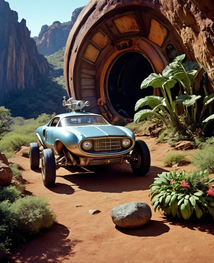 cena de ação incluindo um robot, Running character, The crew of an old spaceship from a 1960s TV series is rustic., A picturesque planet, Lost in Space, Beautiful plants and rocks, Republic Series, Irwin Allen's TV shows, sf, スタートレックとLost in Space風のカラフルなキャンプユニフォーム, Retro look, Vintage, Old Style, 1960年代の俳優のようなPerfect Face, ((Perfect Face)), Very colorful large view, giant mushroom, Exotic plants, ((Perfect Face)), Including foreigners on the crew, Improved face, alien, robot, Extraterrestrial planets, TV Studio Lighting, False scenario, シーンにalienを登場させる, colocar um robot em cena