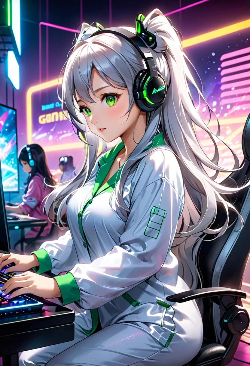 Beautiful asian woman, long silver hair, green eyes, cute pajamas, busty, playing video games on a futuristic computer with neon lights, competitive gaming, anime style, focused on the game, headphones, gaming chair, professional player