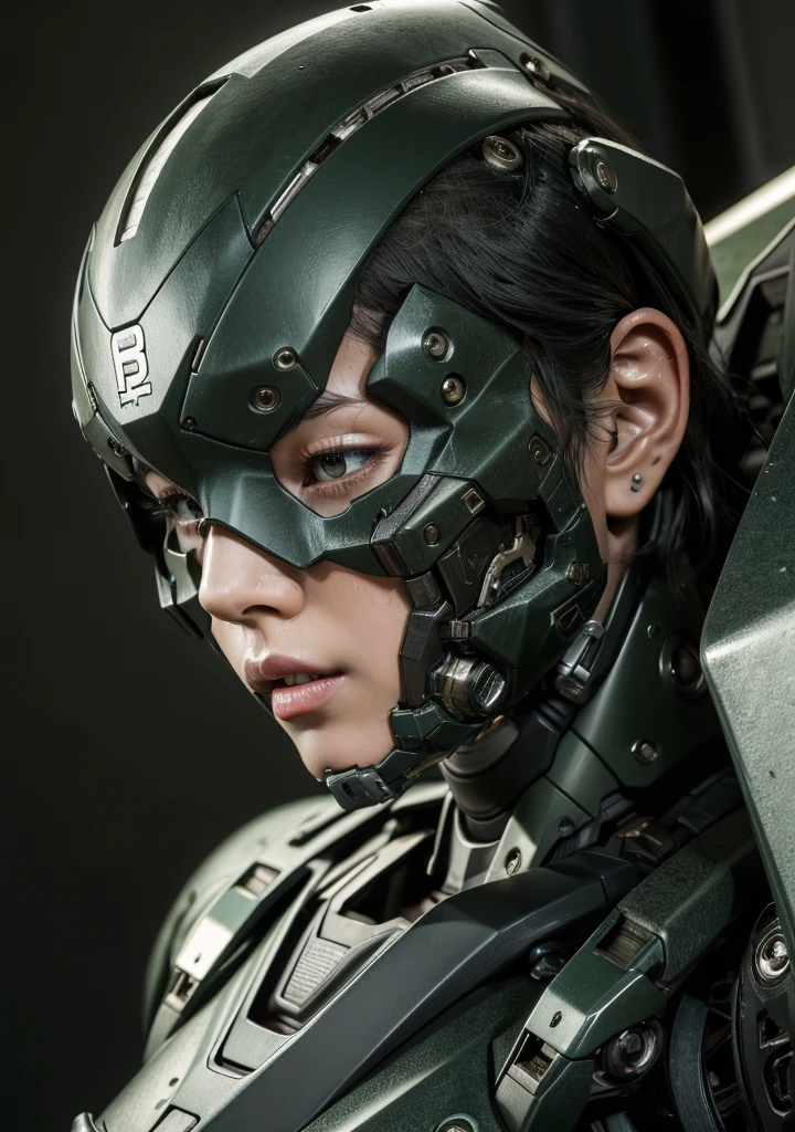 Textured skin, Super detailed, Attention to detail, high quality, 最high quality, High resolution, 1080P, hard disk, beautiful,(War Machine),beautifulサイボーグ女性,Mecha Cyborg Girl,Battle Mode,Girl with a mechanical body　Black Hair　Short Hair Boyish　Dark Green Armor　Soaked Face　Transformation complete　Met Off　Steam from the head　Steam comes out from the whole body　A painful expression　Open your mouth wide　Close-fitting headgear　