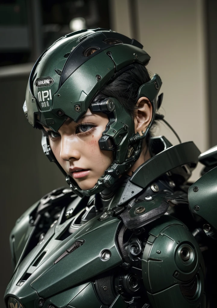 Textured skin, Very detailed, Attention to detail, high quality, 最high quality, High resolution, 1080P, hard disk, beautiful,(War Machine),beautifulサイボーグ女性,Mecha Cyborg Girl,Battle Mode,Girl with a mechanical body Black Hair Short Hair Boyish Dark green armor Soaked Face Change is over Met Off Steam coming out of the head Steam coming out of the whole body Painful expression Please open your mouth wide Snug-fitting headgear