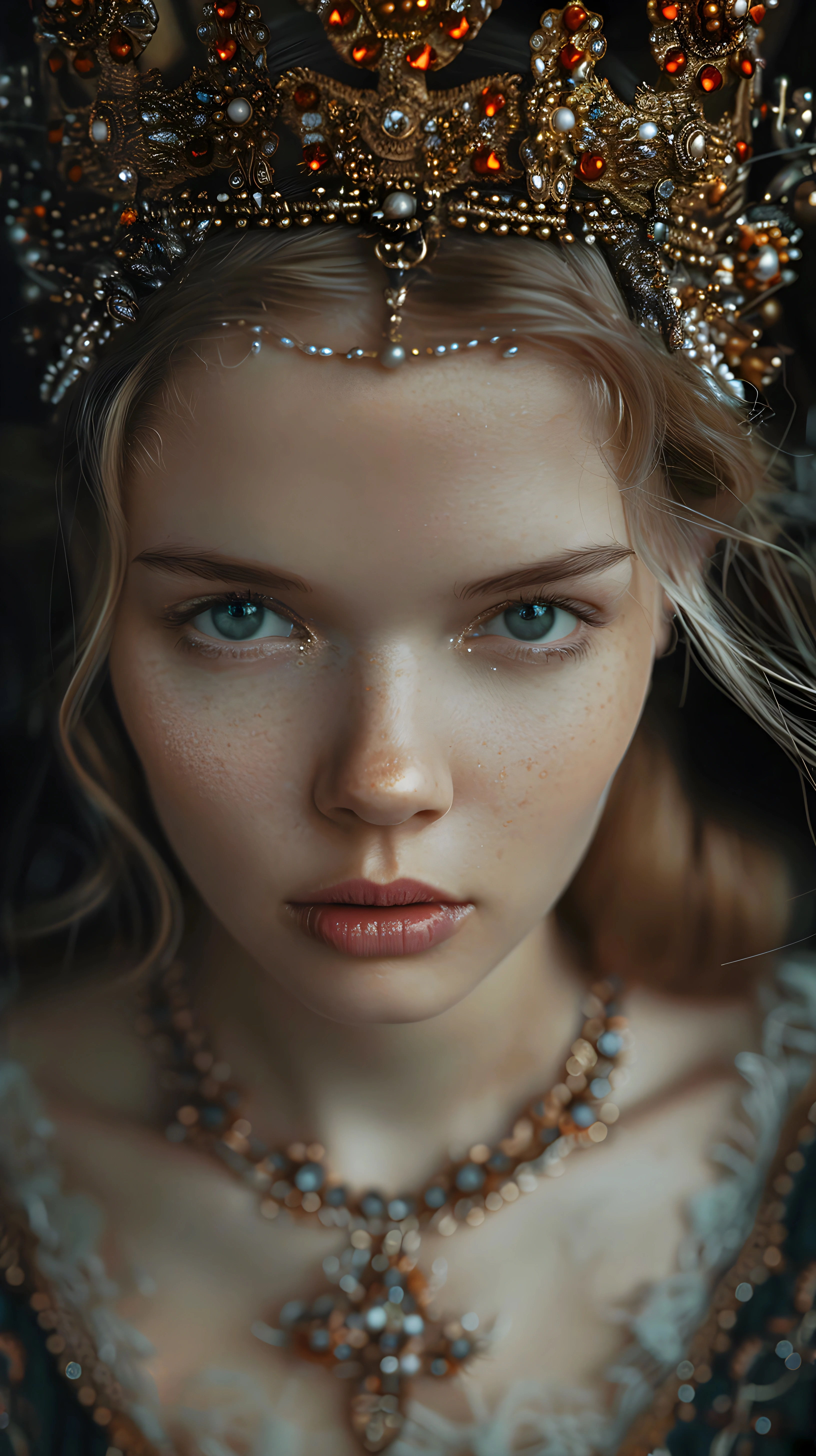 arafed portrait of a woman wearing a crown and a necklace, detailed beauty portrait, soft portrait shot 8 k, beautiful fantasy portrait, portrait of very beautiful elf, 8k portrait render, cinematic realistic portrait, portrait of an elf queen, fantasy portrait, intricate wlop, detailed matte fantasy portrait, beautiful portrait image, ultra detailed portrait, beautiful fantasy art portrait