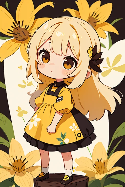 chibi drawing, girl, white, with long waby black and yellow hair, brown eyes, yellow dress with black details, and bee and flower prints 