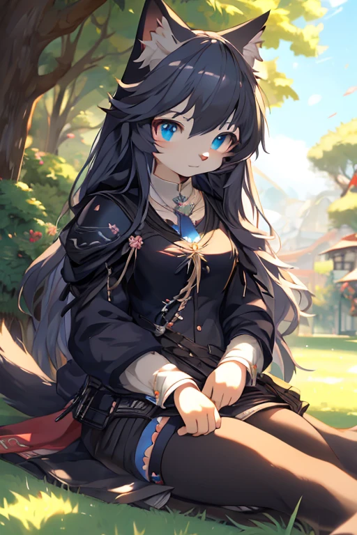 anime cat sitting on the grass with blue eyes and long hair, cute anime catgirl, anime look of a cute cat, anime cat, cute anime cat girl, neferpitou, very beautiful anime cat, realistic anime cat, sora as a cat, anime catgirl, cute detailed digital art, trends on artstation pixiv, dos arknights