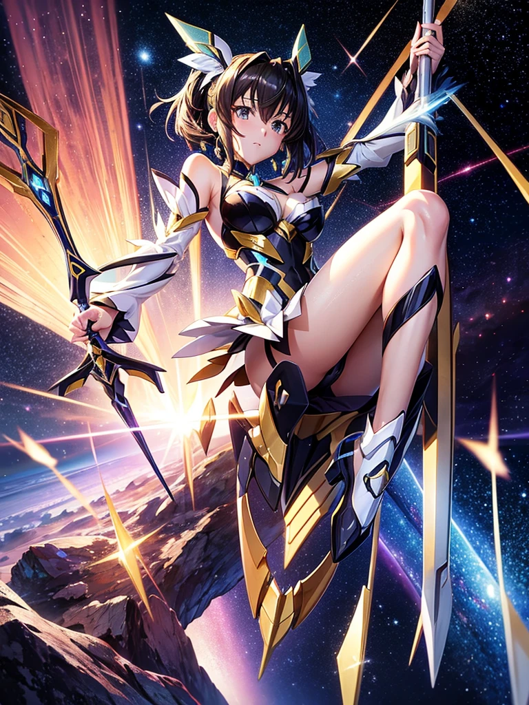 Highest quality,Highest Resolution,A beautiful girl in a metallic high-leg outfit, like Tsubasa Kazanari from Symphogear,Earth Behind,universe,Milky Way,Black Hair,