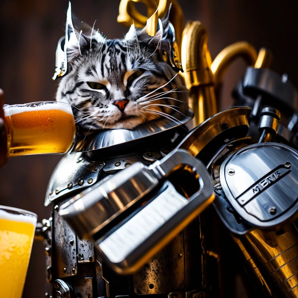 This cat in armor is holding a beer