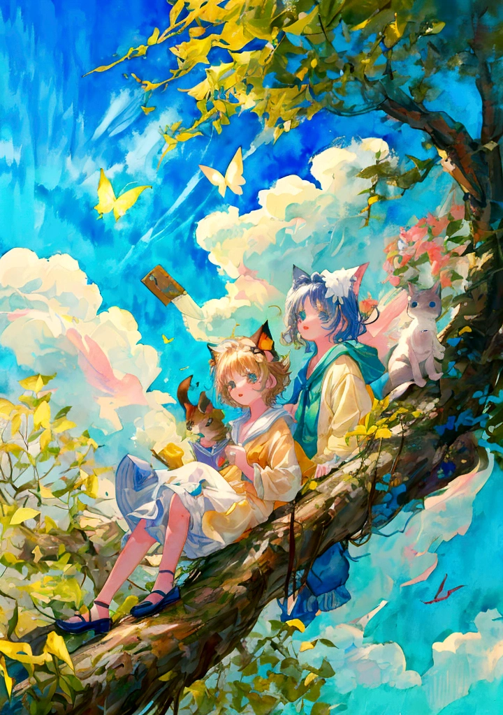Fashionable watercolor, picture book composition, little cat Mimi and little dog Doudou playing in the forest, Mimi leaping on tree branches, Doudou chasing butterflies on the ground, background of green forest and blue sky with white clouds, perfect composition, backlit, ultra high definition.