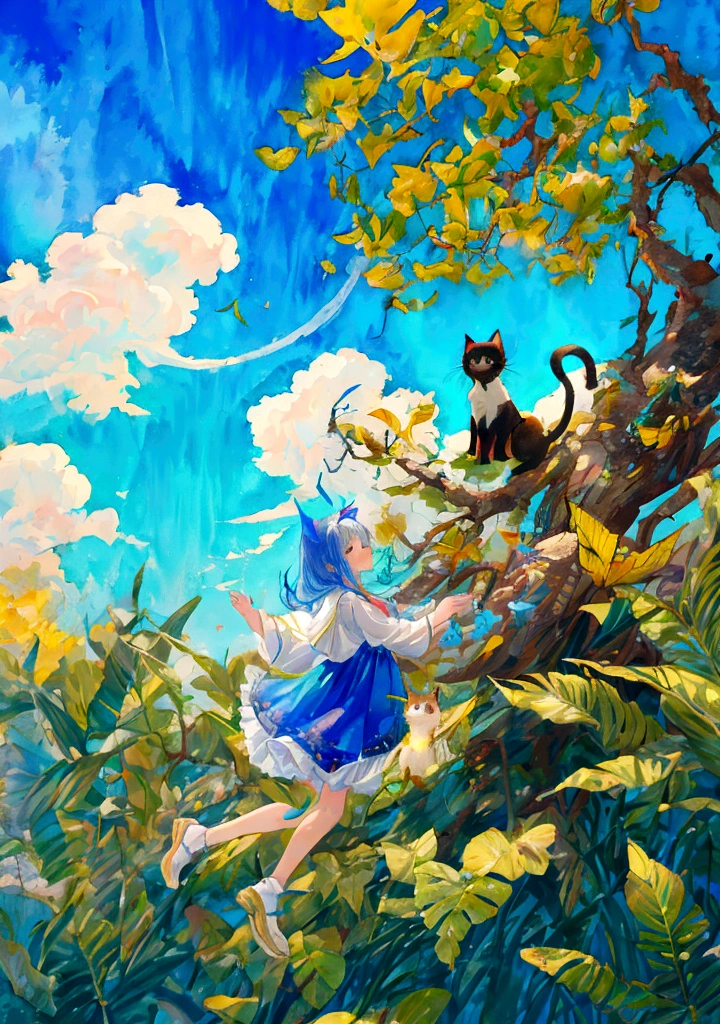Fashionable watercolor, picture book composition, little cat Mimi and little dog Doudou playing in the forest, Mimi leaping on tree branches, Doudou chasing butterflies on the ground, background of green forest and blue sky with white clouds, perfect composition, backlit, ultra high definition.