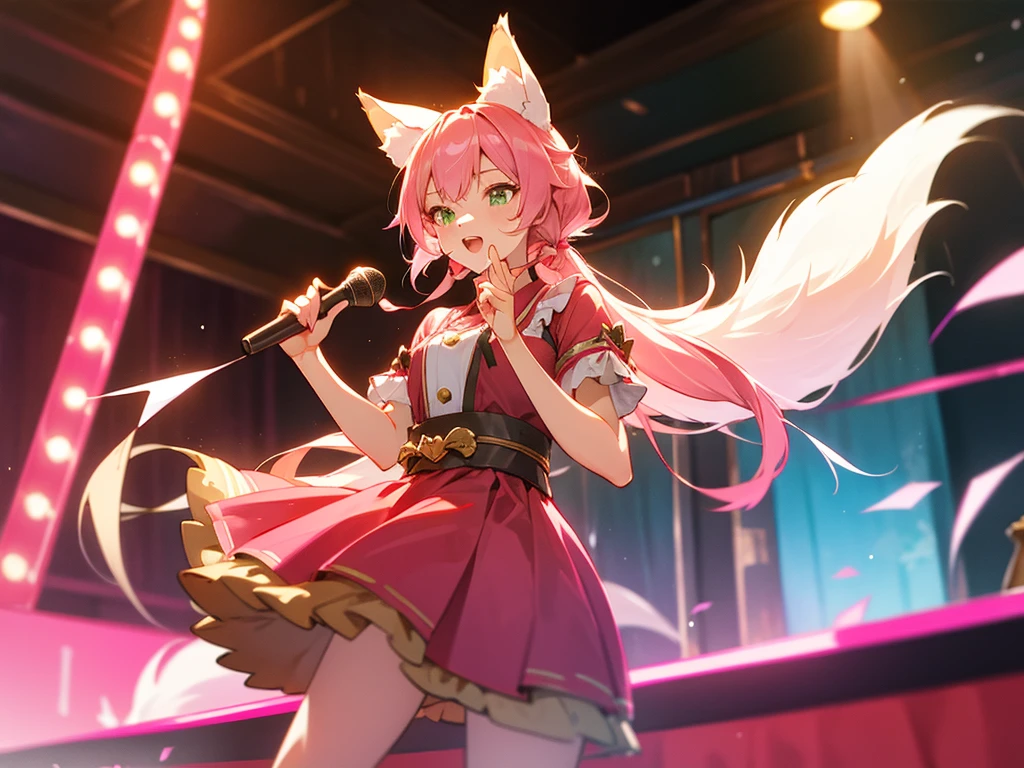 kitsune idol in a tavern, foxgirl, pink fox ears, pink fox tails, pink hair, green eyes, light blue idol dress, tavern background, high quality, masterpiece, singing