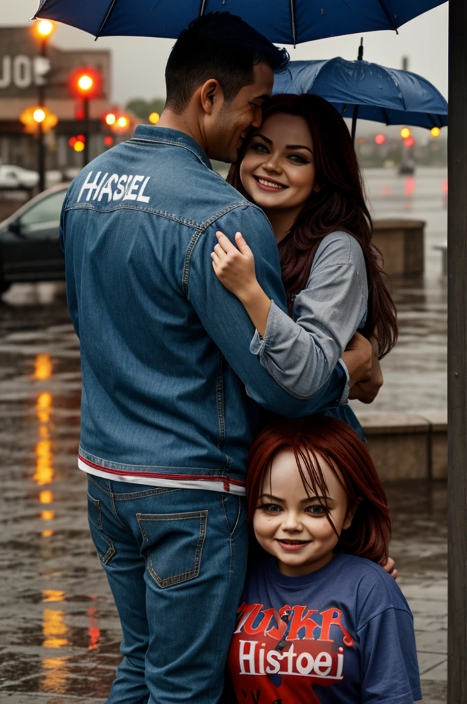A couple hugging in the rain, the man with the Chucky shirt and the woman with the Hasbin Hotel shirt