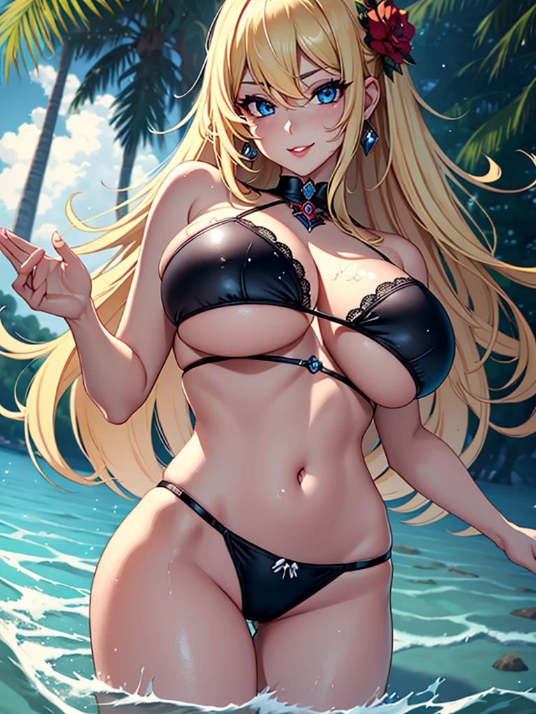 1 girl, (long hair), blonder hair, blue eyes, hair ornament, earrings, (black bikini), (solo), anime, anime girl, (trees), beautiful, highly detailed, perfect face, high resolution, more prism, (vibrant color), professional artwork, best shadow, (solo), (best quality), ultra-detailed, best illustration, high res, professional artwork, best shadow, (perfect eyes), heavy makeup, red lipstick, good hands, perfect hands, perfect body, (((masterpiece))), (best quality), ultra-detailed, cloud, volumetric lighting, best quality, intricate details, sharp focus, hyper detailed, (((large breasts))), (((giant breasts))), (((big breasts))), (((very big breasts))), ((lush breasts)), beautiful detailed body, detailed eyes, happy, (((adult milf face))), milf, mature body, smile,(high quality), ((sexy pose)), normal butt, normal hips, ((looking at viewer)), ((flirtatious look)), sexy eyes, ((((in the water)))).