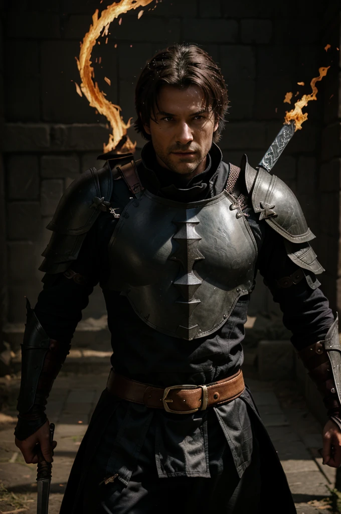 The handsome man wearing a black armor holding a legendary flaming sword fights a large shadow dragon 