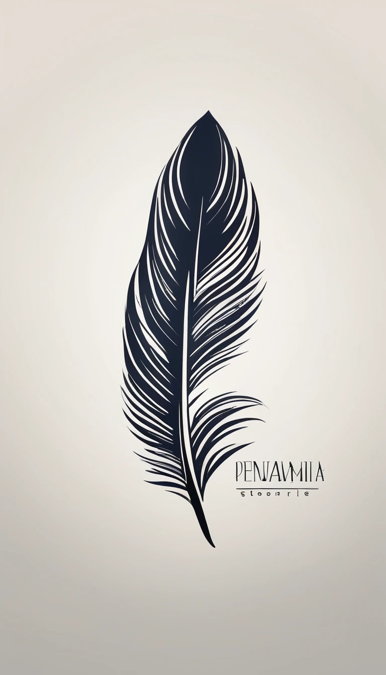 A minimalist, fantastic, poetic, unique, dreamy, captivating, memorable, masterpiece, modern, simple logo design of a feather of stories and memories for the brand “Penamemoria". The logo must convey a sense of music, stories and dreams. Minimalistic logo design of a boy and a feather.