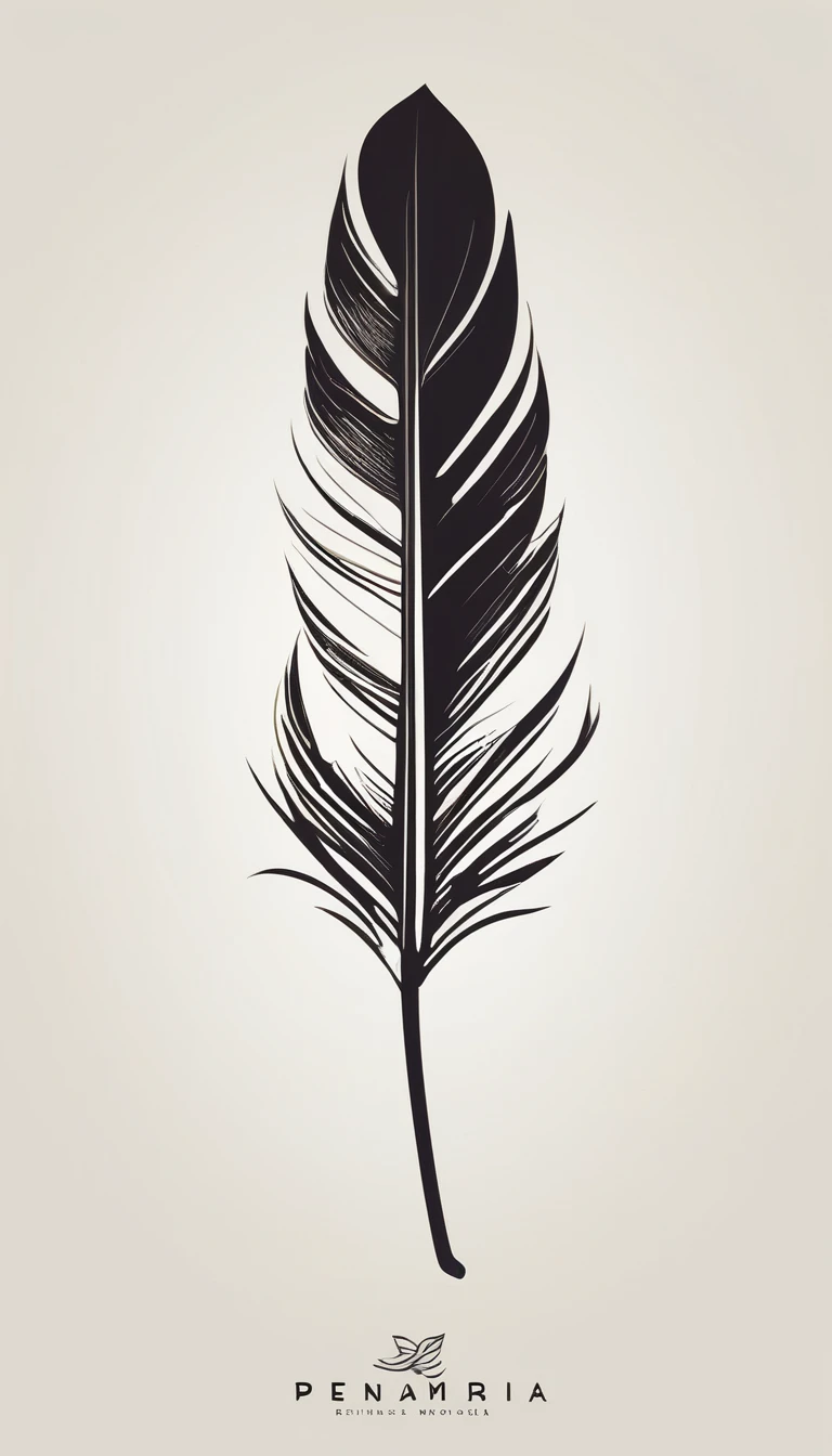 A minimalist, fantastic, poetic, unique, dreamy, captivating, memorable, masterpiece, modern, simple logo design of a feather of stories and memories for the brand “Penamemoria". The logo must convey a sense of music, stories and dreams. Minimalistic logo design of a boy and a feather.