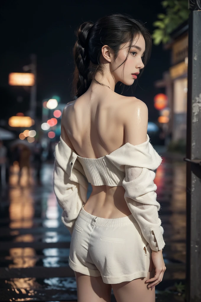 (((best quality))),(((ultra detailed))),(((masterpiece))),illustration,1girl, young,solo, slim,thin,short ponytail,((bare back,towering hips,butt crack)),((shoulder off,bare shoulder)),white collared shirt,shorts,standing,rainy night, heavy rain, drenched clothes, melancholy expression, solitude, tear rolling down cheek, wet hair, empty streets, dimly lit, deserted environment, sound of rain, footsteps, symbol of hope, abandoned, resilience, determination, walking in rain, heartbreak, loss, love fading, loneliness, body language, facial expression, dreary atmosphere, rain-soaked streets, somber mood, viewer engagement,((upper body,from back))