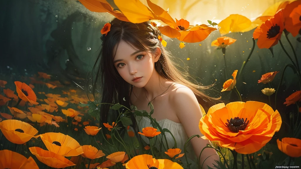 32k, Masterpiece, Highest quality, One girl, Detailed eyes, flower,Iceland Poppy, Orange and yellow style,A dreamy, romantic piece,Pale yellow, Mysterious Leaves,A playful arrangement,Fantasy,High Contrast,Ink strokes,explosion,Exposure, Impression of orange and yellow tones,Abstract,((Watercolours by John Berkey and Jeremy Mann )) Brush strokes,Negative Space, Tyndall effect,