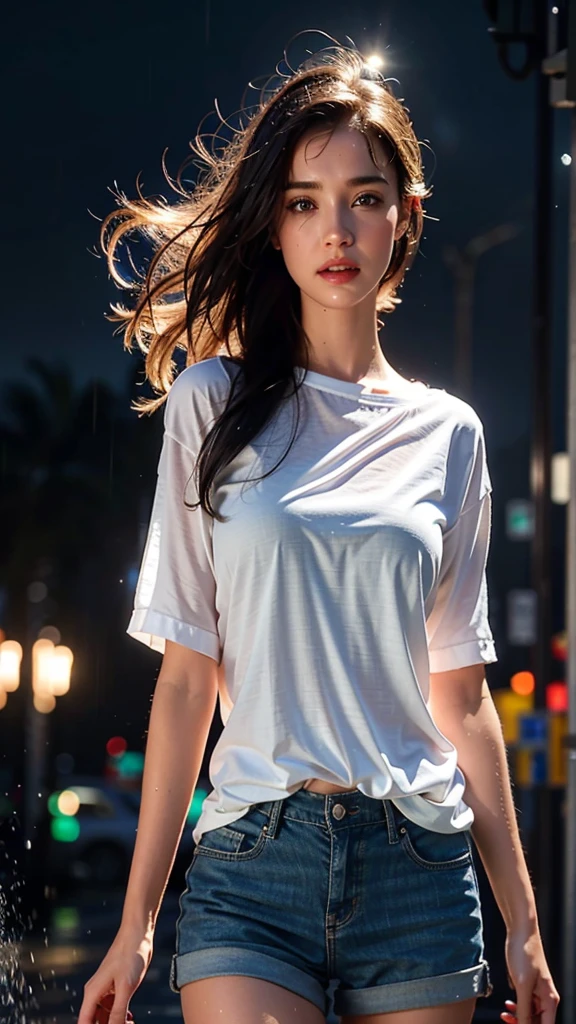 Highest quality, (photoRealistic:1.4), professional photograph, 8k, intricate composition, an extremely delicate and beautiful, ultra high res, professional cinematic lighting and shading, ((Realistic image of a pretty girl soaking wet all over, solo)), (Stormy night), (Heavy rain:1.2), extremely pretty girl standing on the street, Drops of water dripping from the whole body, Hair flapping in the wind, dripping wet hair, parted lips, blouse and short pants are soaking wet, bra is faintly transparent, Perfect feminine hourglass figure, Like a dramatic scene from a movie, ((extremely detailed eyes and face)), eyes with beautiful details, ((insanely detailed beautiful realistic skin texture)), Accurate eyes, Accurate hands, Well-balanced overall body