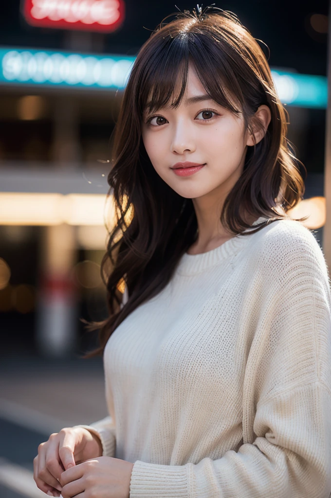 (8K, RAW Photos, masterpiece:1. 2), (Realistic, photo-Realistic:1. 37), Super detailed, Half Body, 1 Girl, alone, Beautifully detailed skies, Beautiful attention to detail, Beautiful and detailed lips, Professional Lighting, Photon Mapping, In front of the convenience store, Physically Based Rendering, Highly detailed eyes and face, Beautiful attention to detail, Light on the face, One girl, Looking at the audience, Captivating smile, Curly Hair, Cinema Lighting, Highest quality