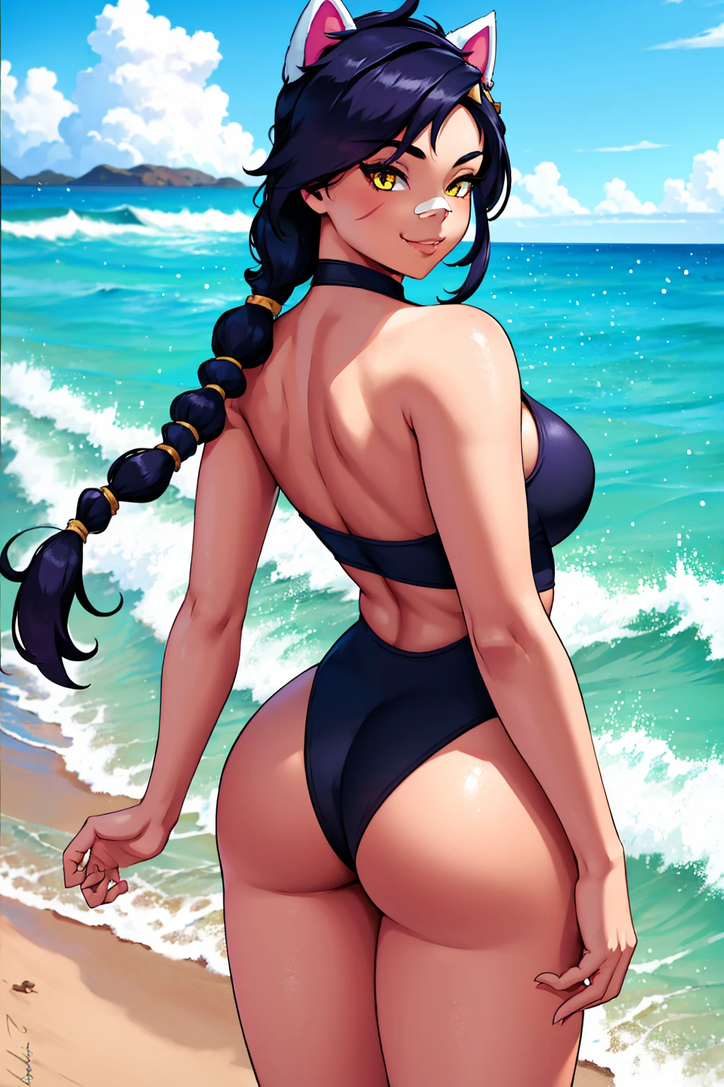 Erisa, 1girl, solo, long hair, looking at viewer, black hair, bandaid on face, yellow eyes, animal ears, smile, bandaid on nose, braid, cat ears, bandaid, bangs, breasts, fake animal ears, simple background, fang, bare shoulders, scar, bare shoulders, closed mouth, hair over one eye, portrait, hair over shoulder, legs, seductive, bathing suit, 2 piece swimsuit, beach, realistic, highly detailed face, detailed eyes, best quality, masterpiece, ultra detail, ultra high res, extreme detail, 8k, uhd, voluptuous, curvy, thick thighs, milf, butt, ass, round ass, from behind, holding up butt,
