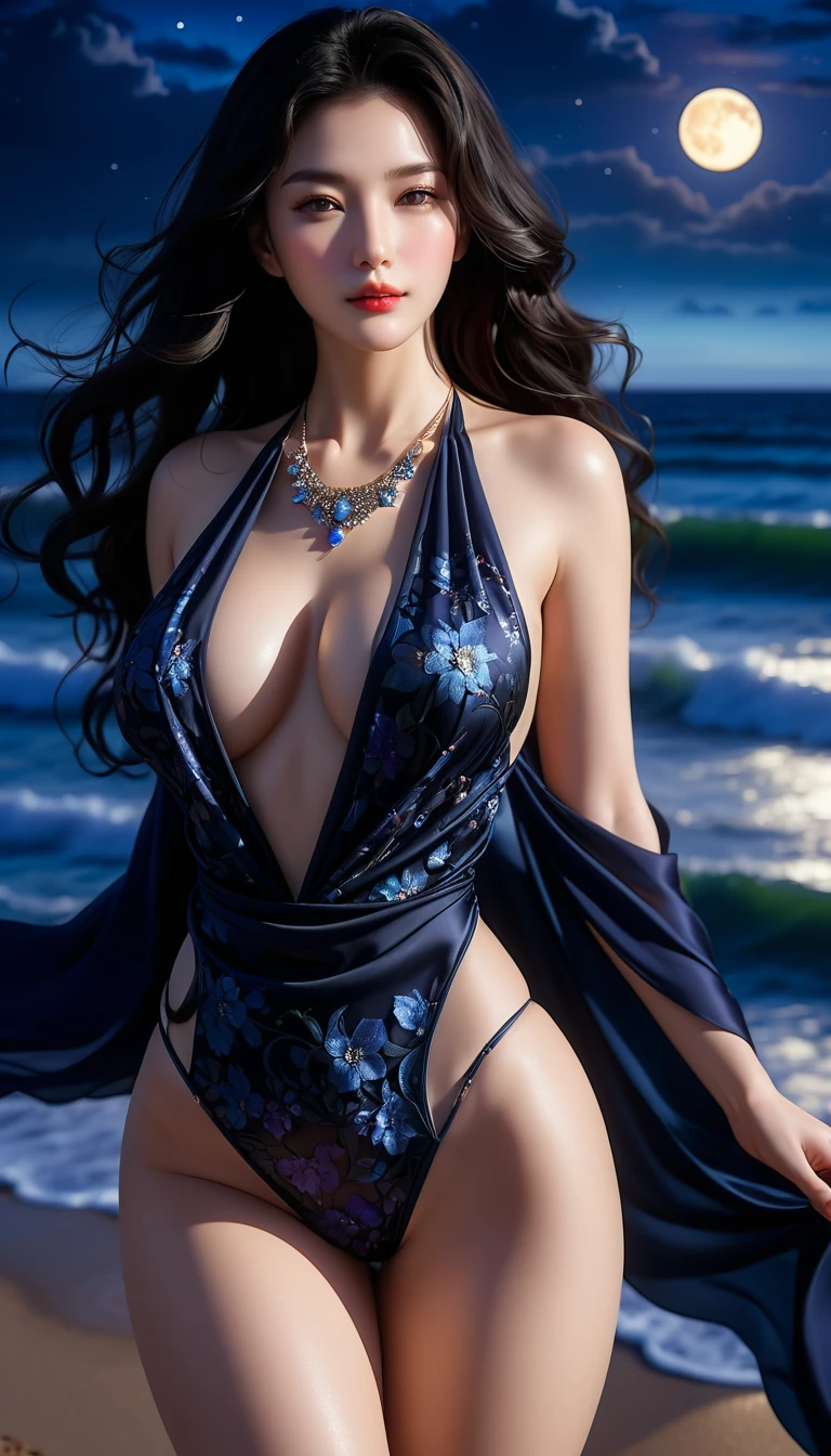 4K resolution,8K resolution,beautiful,Highest quality,Absolutely wonderful,Very detailed,Ultra-high resolution,masterpiece,Realistic,Realistic,Increased depth of field,Cinematic Light,
One elegant mature woman,
Wavy black long hair,精巧なディテールのbeautiful顔,Moist eyes,Sensual look,Glossy skin make-up,Transparent white skin,Very sensitive skin,Great proportions,Glamorous Body,Anatomically correct body,
Elegant high leg swimsuit,Summery design,Beautifully detailed pattern,Detailed cloth texture,Gorgeous necklace,
Romantic moonlit beaches,Dark night sky,Coastline stretching to the horizon,Deserted beach,Dark sea surface,
Dramatic Angle,