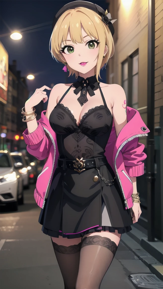 masterpiece, Highest quality, High resolution, Humphrey, blonde, Braiding, beret, Black Hat, Earrings, bracelet, Plaid, Bare shoulders, Black Bow, Black Dress, Wrist cuff, bracelet, belt, Fishnet tights, Idolmaster Cinderella Girls, night, city, street, Are standing, Cowboy Shot, Place your arms at your sides, straight, Cleavage, Off the shoulder, Pink jacket, Open jacket, abdomen, belt, Black Skirt, alley, inquiry, Talk to your audience、 口を閉じて Are Are standing、View your viewers,, tattoo, High heels, but, belly button, smile, Purple Lipstick、saliva, black micro mini skirt、 tattoo、（濃いPurple Lipstick、Purple lips、Highlight the face、