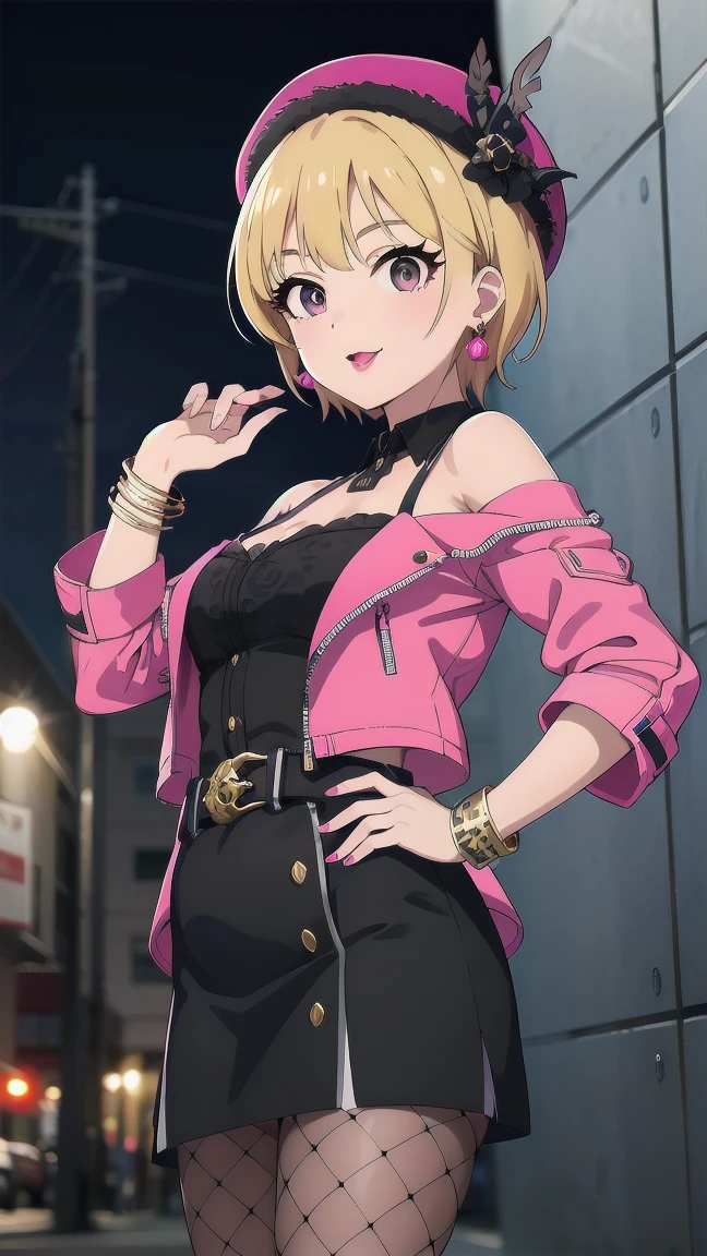 masterpiece, Highest quality, High resolution, Humphrey, blonde, Braiding, beret, Black Hat, Earrings, bracelet, Plaid, Bare shoulders, Black Bow, Black Dress, Wrist cuff, bracelet, belt, Fishnet tights, Idolmaster Cinderella Girls, night, city, street, Are standing, Cowboy Shot, Place your arms at your sides, straight, Cleavage, Off the shoulder, Pink jacket, Open jacket, abdomen, belt, Black Skirt, alley, inquiry, Talk to your audience、 口を閉じて Are Are standing、View your viewers,, tattoo, High heels, but, belly button, smile, Purple Lipstick、saliva, black micro mini skirt、 tattoo、（濃いPurple Lipstick、Purple lips、Highlight the face、