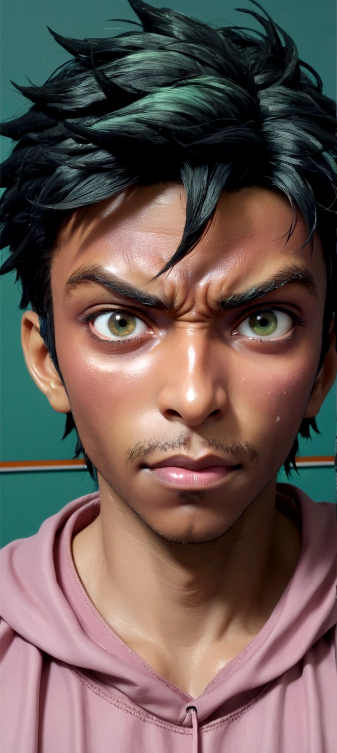 Close-up of (male anime character:1.3), (intense gaze:1.2), (dual-colored eyes:1.3) with one red and one green, spiky black hair, furrowed brows, (serious expression:1.2), shadowed face, (black cloak with golden trim:1.1), visible scar over left eyebrow, high-detail digital illustration, (dark background:1.1), anime style, strong facial features, contrasting colors, focused demeanor,