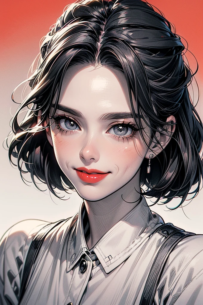 ((Manga illustration)), ((Hayley Atwell)) close up portrait ,solo , medium short hair, looking at viewer, blush , smile , happy , red lipstick,close up portrait, solo, focus on eyes, plain background, (in vector style), ((monochrome Manga drawing))
