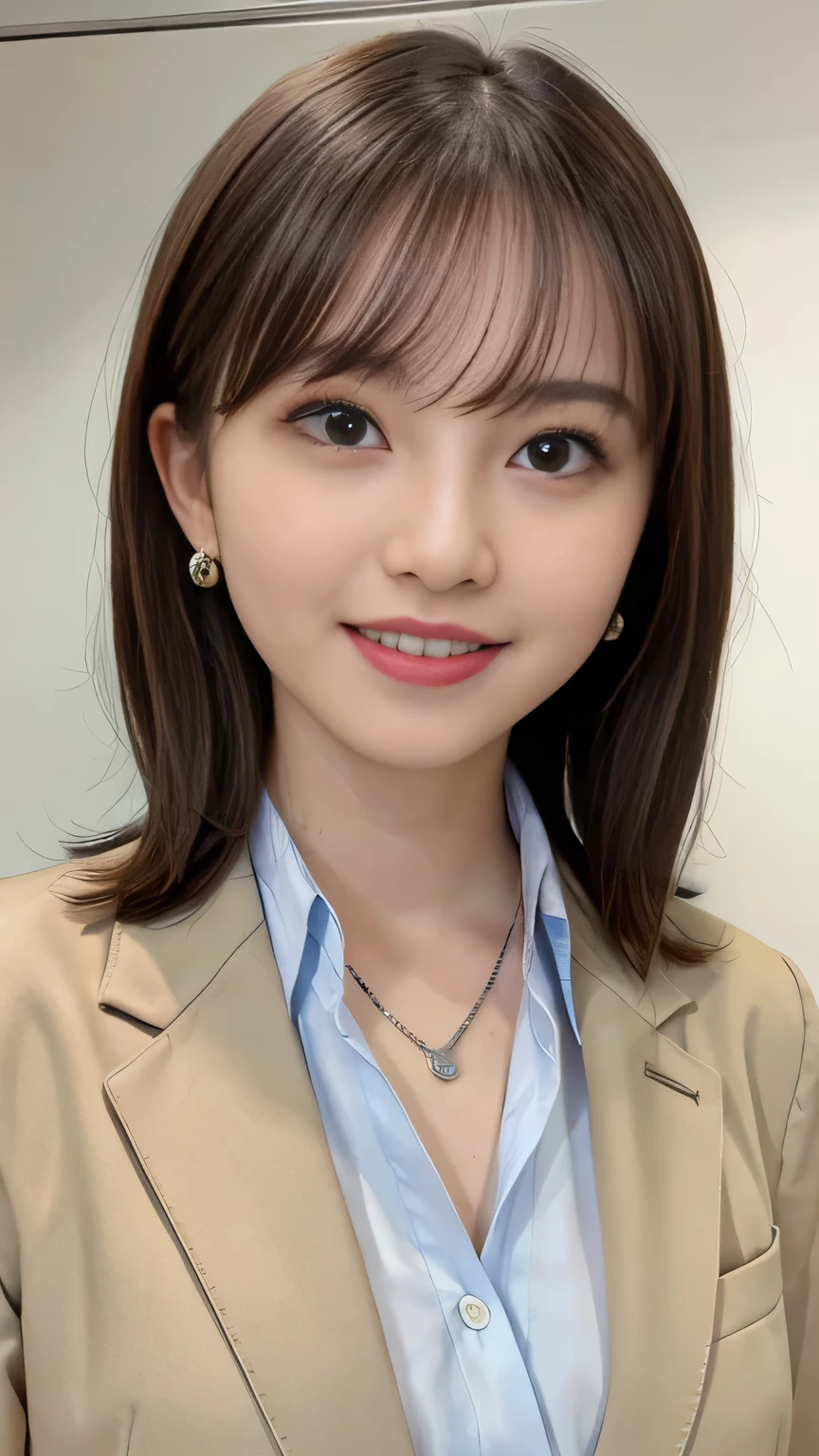 Highest quality:1.2), RAW Photos, High resolution, Very detailed, Intricate details, short hair、ear piercing、smile、Emphasis on teeth、、Light brown hair、 (Front view, ), Clear beauty, (High quality fabric, Office Lady Suit 、Jacket、Unbuttoned shirt 、Necklace around the neck、The background is the office、Dark eyeliner