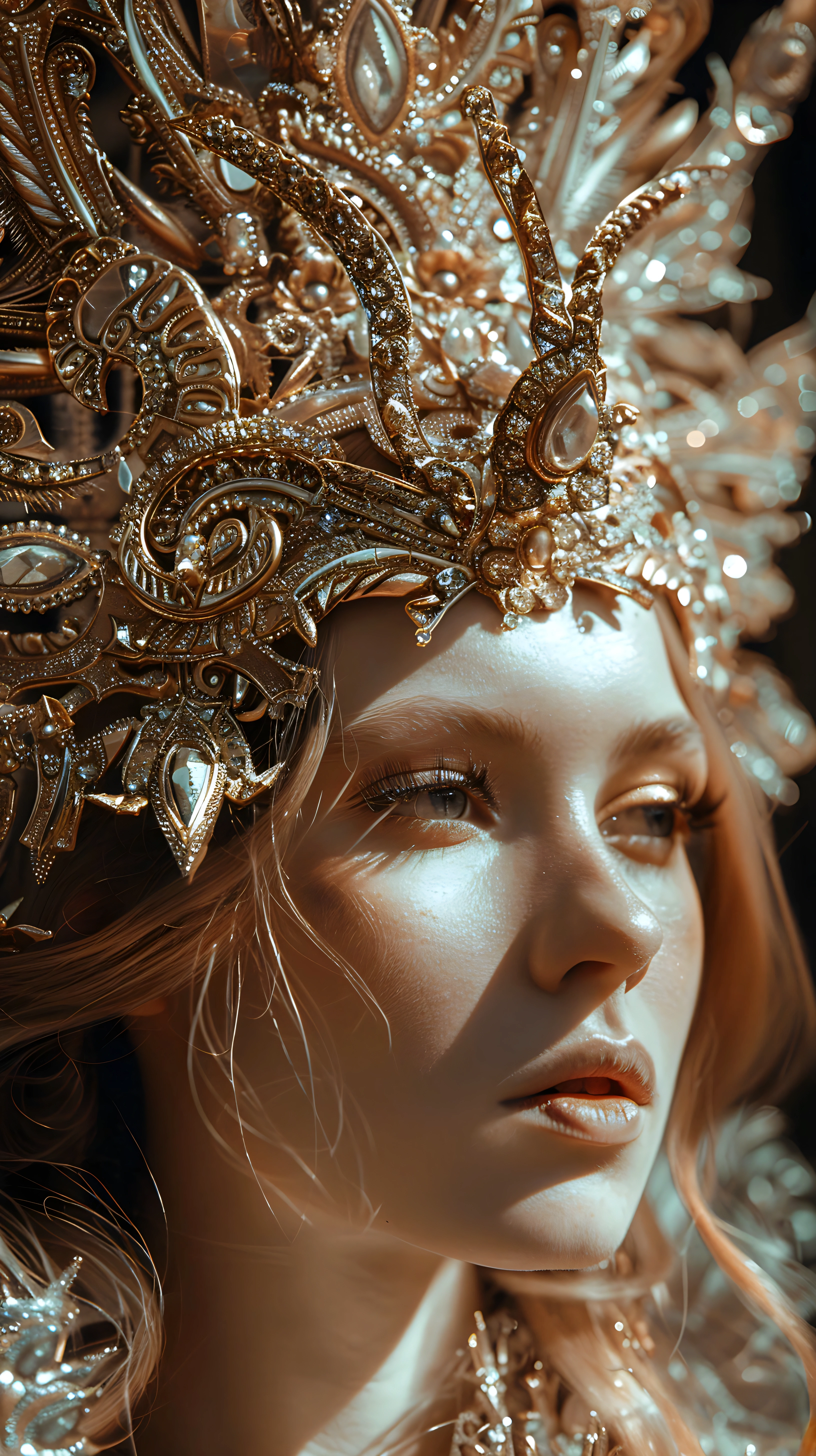 arafed woman wearing a gold crown and a necklace, goddess close-up portrait, intricate gold headdress, elaborate ornate head piece, cinematic goddess close shot, ornate headpiece, extremely detailed goddess shot, goddess. extremely high detail, ornate headdress, portrait of queen of light, diadem on the head, intricate chrome headdress, karol bak uhd