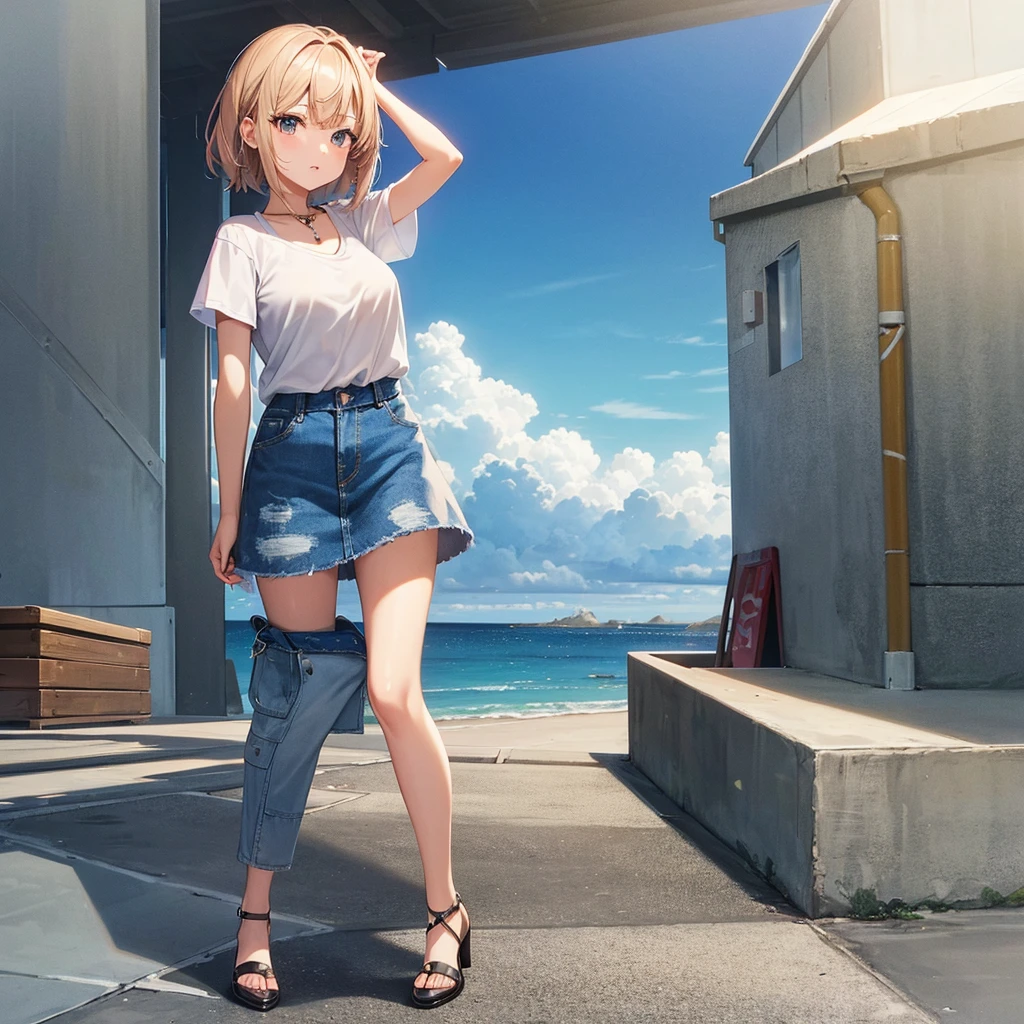 8K high quality,1 pretty girl,Short sleeve,Denim skirt