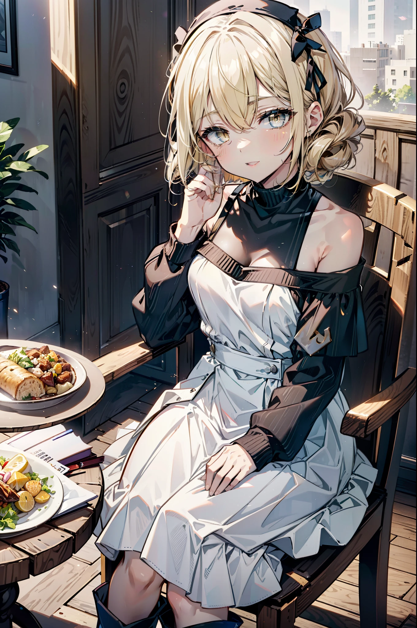 (アイスWallenstein, Wallenstein, blonde, Hair between the eyes, hair band, happy smile, smile, Open your mouth,Blonde,Long Hair, (Yellow Eyes:1.5),One-shoulder sweater,Long skirt,short boots,Sitting in a chair,There is food on the table,Daytime,Clear skies,whole bodyがイラストに入るように,　　　　　　　　　　　　　　　　　break looking at viewer, whole body,　　　　　　　　　　　break indoors,Coffee shop,,　　　　　　　　　　　　　　　 break (masterpiece:1.2), Highest quality, High resolution, unity 8k wallpaper, (shape:0.8), (Beautiful and beautiful eyes:1.6), Highly detailed face, Perfect lighting, Extremely detailed CG, (Perfect hands, Perfect Anatomy),