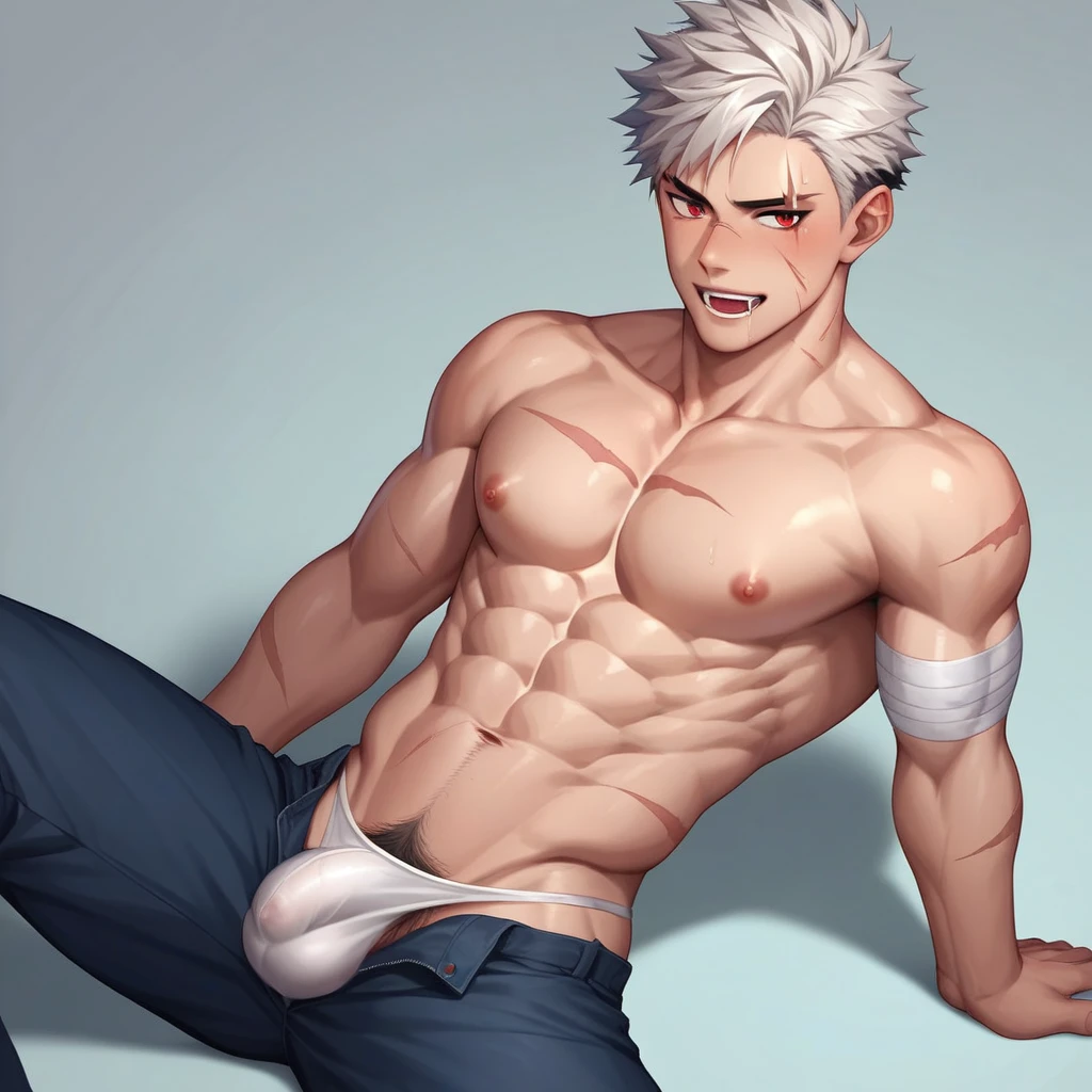 score_9, score_8_up, score_7_up, rating_explicit, source_anime,. Man, pale skin, Scars, red eyes, thong, bulge, bleeding, Curative, Bandages all over the body, male only, yaoi