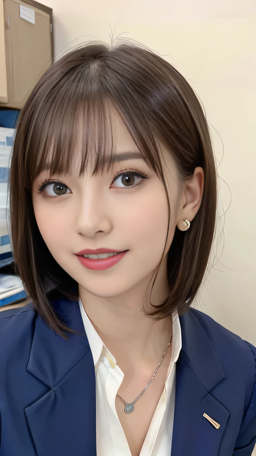 Highest quality:1.2), RAW Photos, High resolution, Very detailed, Intricate details, short hair、ear piercing、smile、Emphasis on teeth、、Light brown hair、 (Front view, ), Clear beauty, (High quality fabric, Office Lady Suit 、Jacket、Unbuttoned shirt 、Necklace around the neck、The background is the office、Dark eyeliner