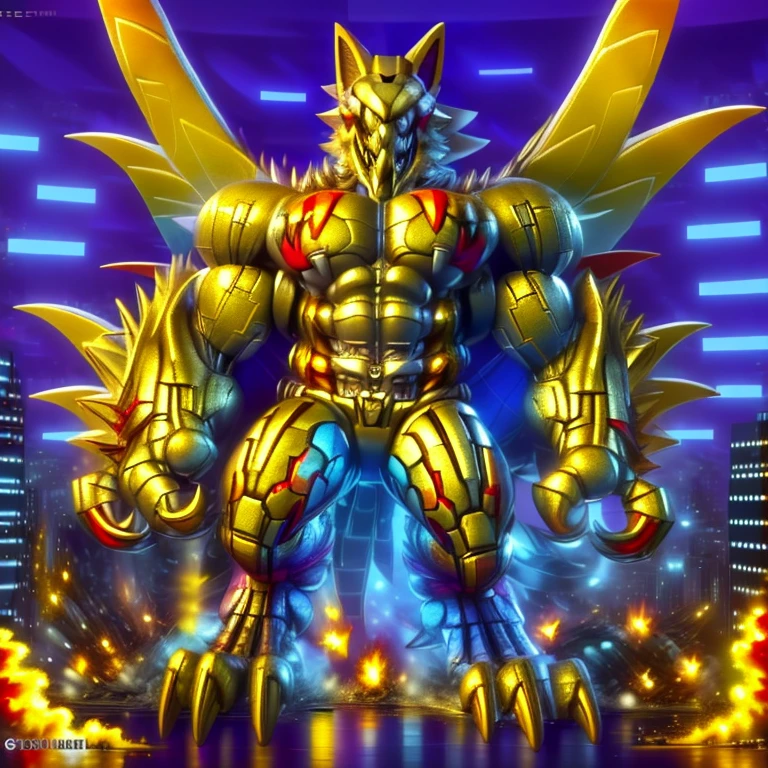 (masterpiece. official art. 8k. best quality. detailed full body. full body.)
(situation 1 : dominating The Phoenix Wolf. The Phoenix Wolf is over 1000 meters long. focus GIANT mechanical Muscular The Phoenix Wolf is trampling the car. Looking down.)
(situation 2 :smoke and flames rising from the destruction in the city)
(Additional details 1: Wearing GOLDEN Armor. Cape. Helmet. real texture material. whole body shines like metal. emphasizes the muscles. suit fully made of metal.Robotic suit).
(Additional details 1.5: The arms are golden. The lower half of the body is golden. The wolf-shaped helmet has sharp fangs. The whole body is golden.).
(Additional details 2: Detailed head. Detailed Body. Detailed abs. gigantic muscles. HYPER MUSCLES. Gigachad Muscular. big muscle. pecs. triceps. traps. unusually developed muscular body. body full of huge muscles. showing off muscles. pectorales enormes. Exaggeratedly huge muscles. huge muscles. long legs.).
(Additional details 3: nj5furry, Spread wings. It has wings. The claws are sharp. Sharp teeth.). He is laughing defiantly. The claws are sharp. Sharp teeth.). He is laughing defiantly.