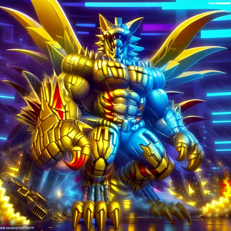 (masterpiece. official art. 8k. best quality. detailed full body. full body.)
(situation 1 : dominating The Phoenix Wolf. The Phoenix Wolf is over 1000 meters long. focus GIANT mechanical Muscular The Phoenix Wolf is trampling the car. Looking down.)
(situation 2 :smoke and flames rising from the destruction in the city)
(Additional details 1: Wearing GOLDEN Armor. Cape. Helmet. real texture material. whole body shines like metal. emphasizes the muscles. suit fully made of metal.Robotic suit).
(Additional details 1.5: The arms are golden. The lower half of the body is golden. The wolf-shaped helmet has sharp fangs. The whole body is golden.).
(Additional details 2: Detailed head. Detailed Body. Detailed abs. gigantic muscles. HYPER MUSCLES. Gigachad Muscular. big muscle. pecs. triceps. traps. unusually developed muscular body. body full of huge muscles. showing off muscles. pectorales enormes. Exaggeratedly huge muscles. huge muscles. long legs.).
(Additional details 3: nj5furry, Spread wings. It has wings. The claws are sharp. Sharp teeth.). He is laughing defiantly. The claws are sharp. Sharp teeth.). He is laughing defiantly.