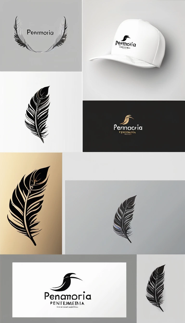 A minimalist, fantastic, poetic, unique, dreamy, captivating, memorable, masterpiece, modern, simple logo design of a feather for the brand “Penamemoria". The logo must convey a sense of music, stories and dreams. Minimalistic logo design of a unique, fantastic feather 