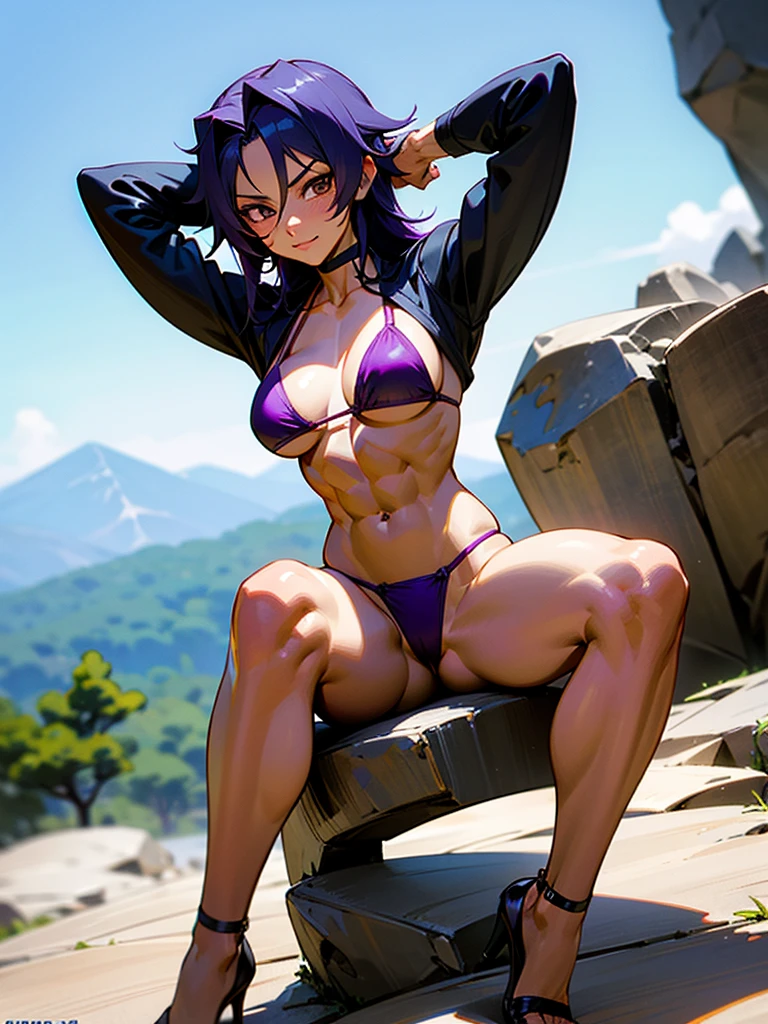 18 year old Yoruichi Shihōin from Bleach with tanned skin in a purple thong bikini flexing her muscles with her hands behind her head so they are not visible to pridefully show off her rock hard abs and sitting on her heels on a mountain ledge, highly detailed