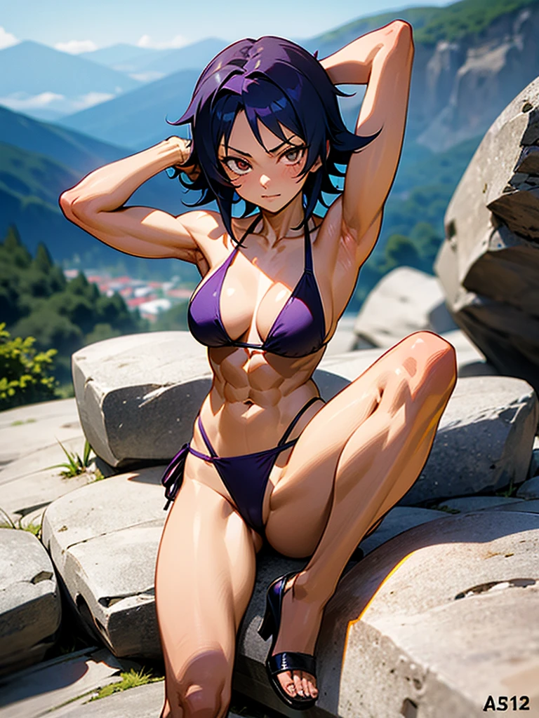 18 year old Yoruichi Shihōin from Bleach with tanned skin in a purple thong bikini flexing her muscles with her hands behind her head so they are not visible to pridefully show off her rock hard abs and sitting on her heels on a mountain ledge, highly detailed