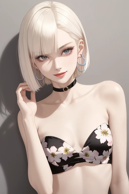She is a young woman with light pale skin and short, platinum blonde hair styled in a chic bob. She has an ectomorph body type, characterized by a tall, slim, lean rectangle build with narrow shoulders and a flat chest. She is wearing a floral-patterned, strapless bikini, smiling with confidence, and has a relaxed posture. Her facial features include high cheekbones, a sharp jawline, and intense eyes. She wears hoop earrings, and a few loose strands of hair fall around her face.