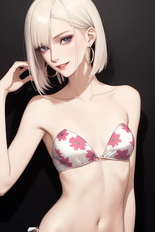 She is a young woman with light pale skin and short, platinum blonde hair styled in a chic bob. She has an ectomorph body type, characterized by a tall, slim, lean rectangle build with narrow shoulders and a flat chest. She is wearing a floral-patterned, strapless bikini, smiling with confidence, and has a relaxed posture. Her facial features include high cheekbones, a sharp jawline, and intense eyes. She wears hoop earrings, and a few loose strands of hair fall around her face.