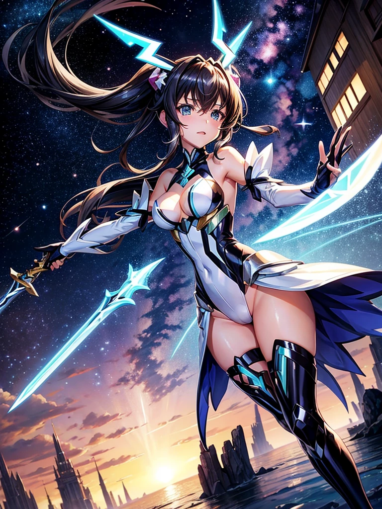 Highest quality,Highest Resolution,A beautiful girl in a metallic high-leg outfit, like Tsubasa Kazanari from Symphogear,Earth Behind,universe,Milky Way,Black Hair,Holding a sword,