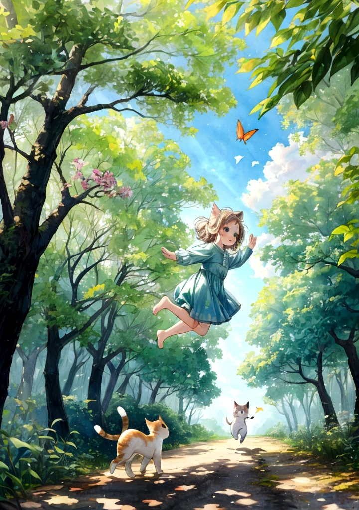 Fashionable watercolor, picture book composition, little cat Mimi and little dog Doudou playing in the forest, Mimi leaping on tree branches, Doudou chasing butterflies on the ground, background of green forest and blue sky with white clouds, perfect composition, backlit, ultra high definition.