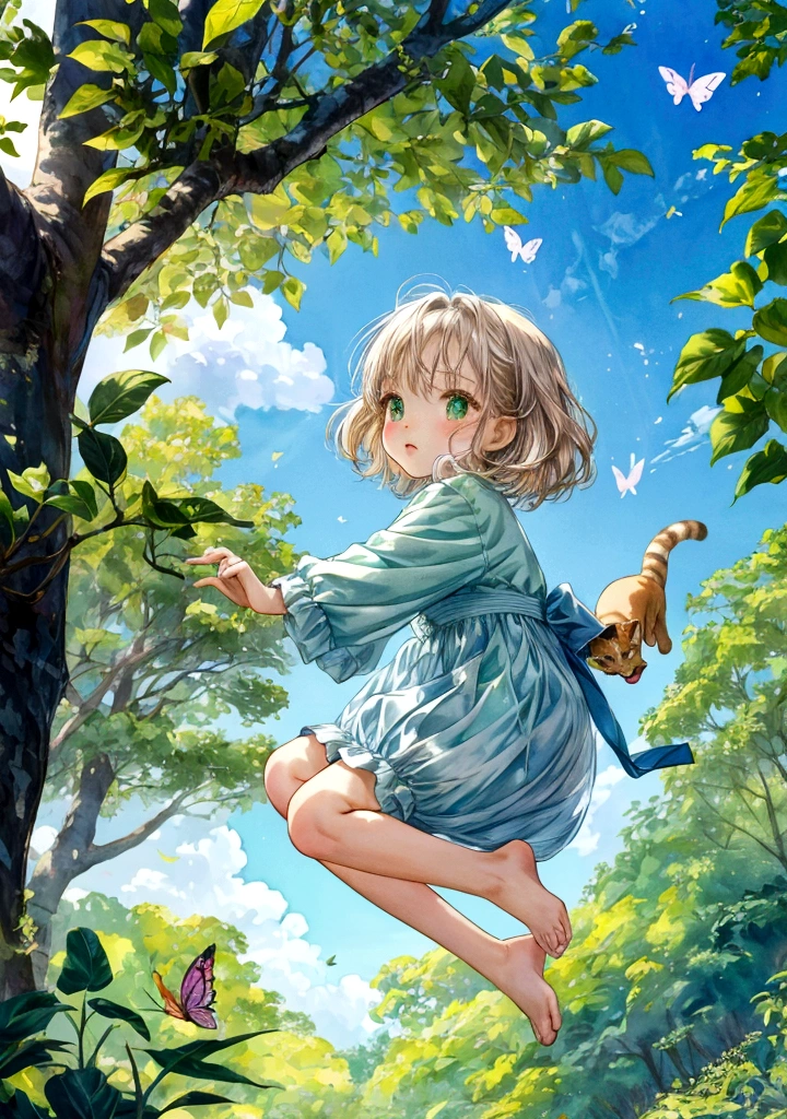 Fashionable watercolor, picture book composition, little cat Mimi and little dog Doudou playing in the forest, Mimi leaping on tree branches, Doudou chasing butterflies on the ground, background of green forest and blue sky with white clouds, perfect composition, backlit, ultra high definition.
